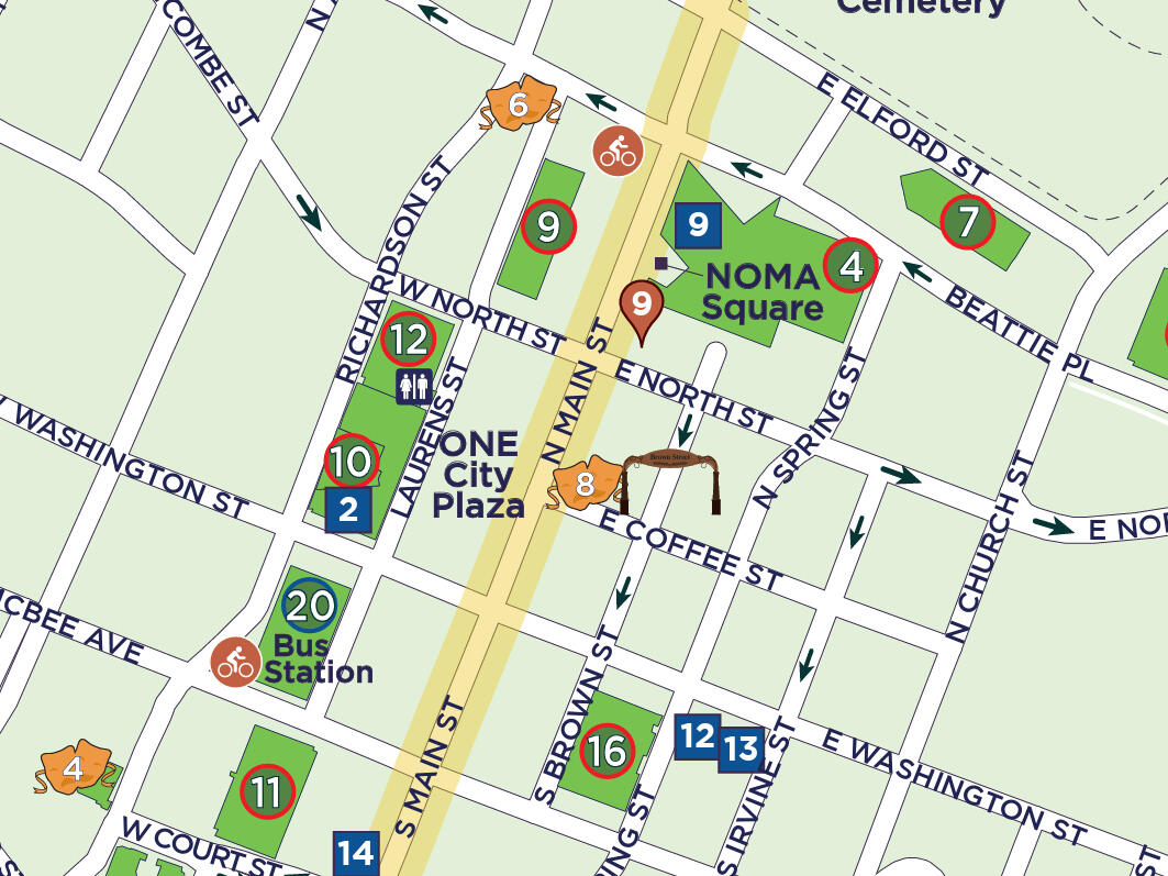Map of the North Main Street area of Downtown Greenville, SC